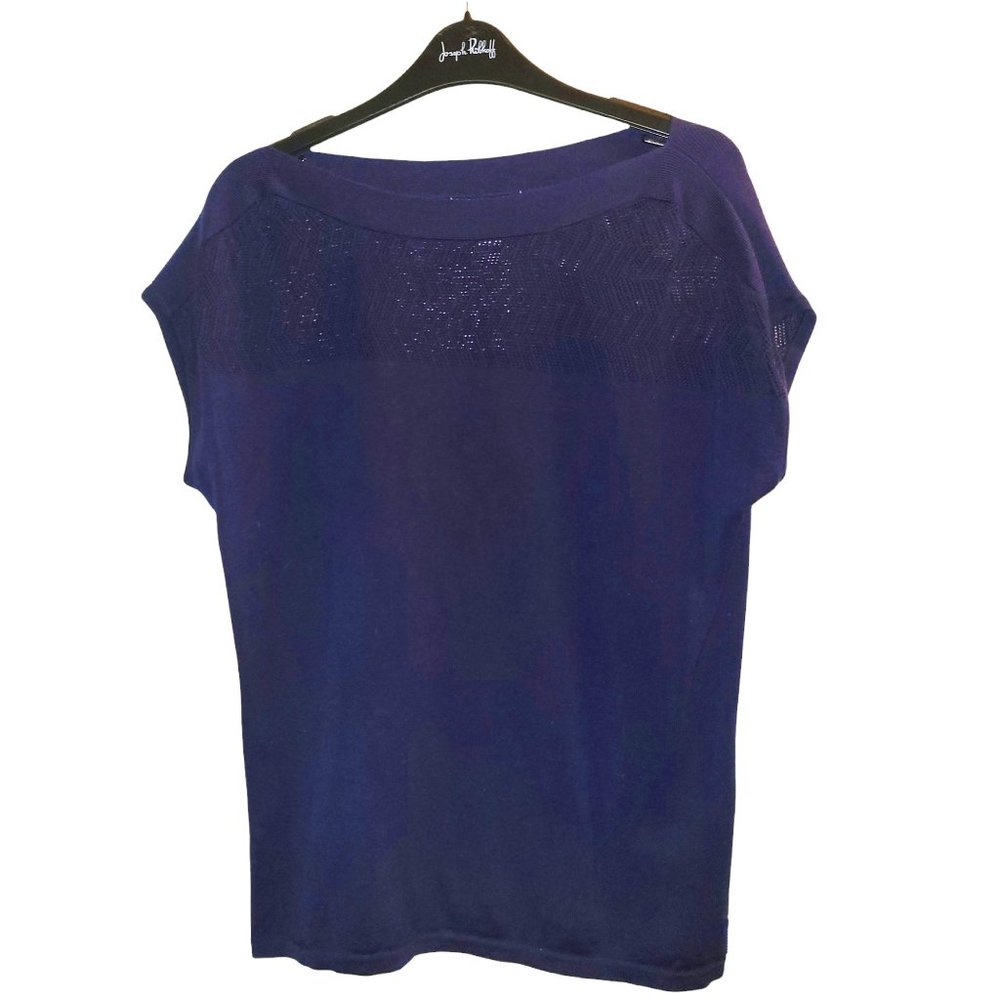 Coldwater Creek Navy Top with Crochet like yoke and short sleeves